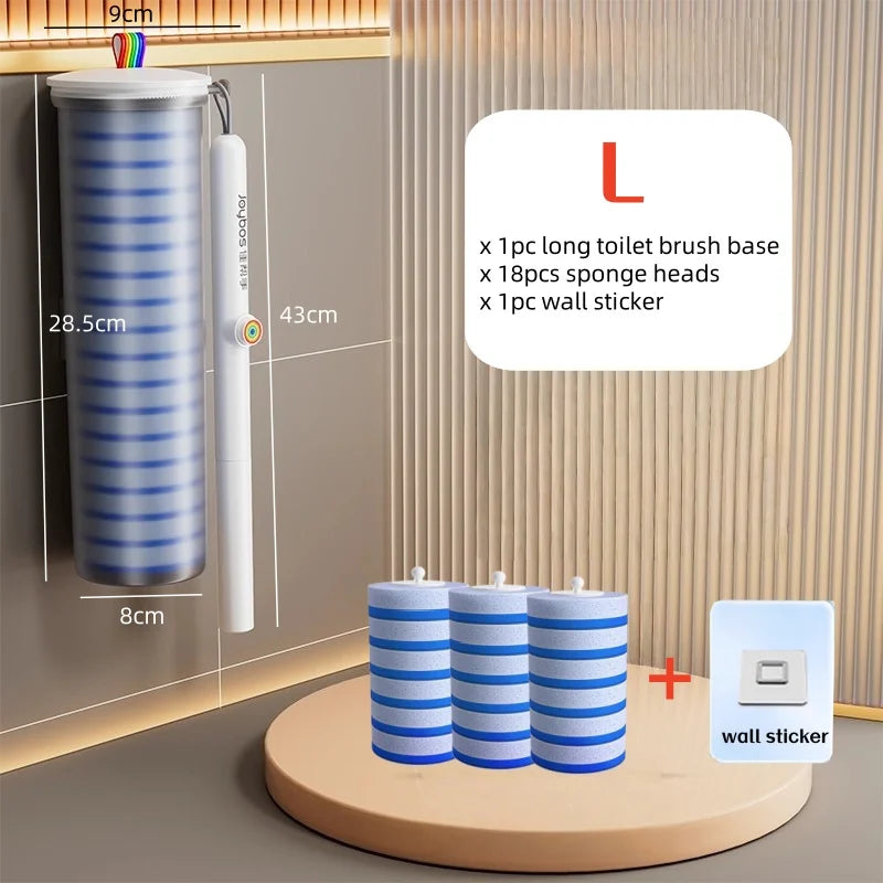 A set of disposable toilet brush kit including a wall-mounted holder, sponge heads, and a wall sticker.