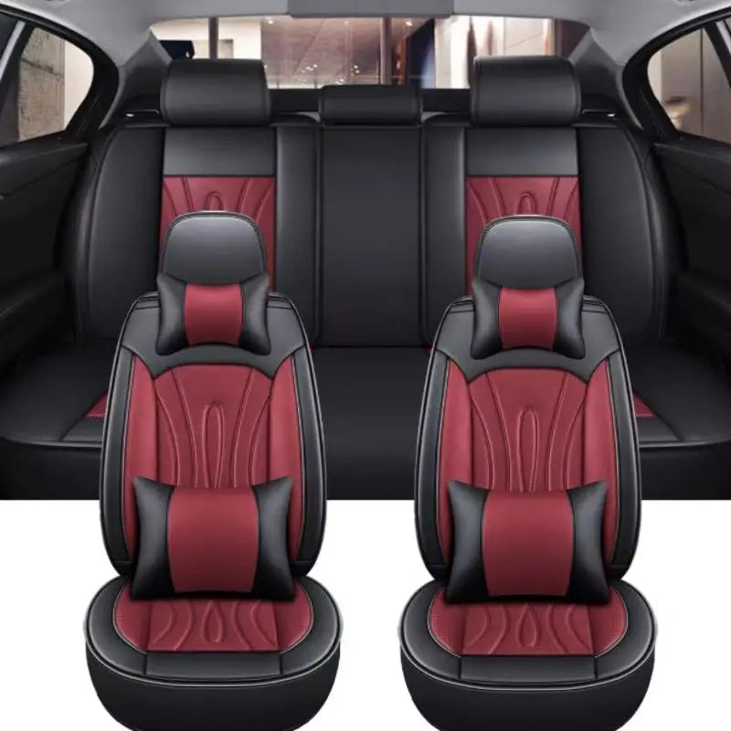 Black and red full coverage PU leather car seat covers shown in a vehicle interior.