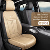 Beige car seat covers including a seat cover, backrest cover, and headrest cover for universal fit front seats.
