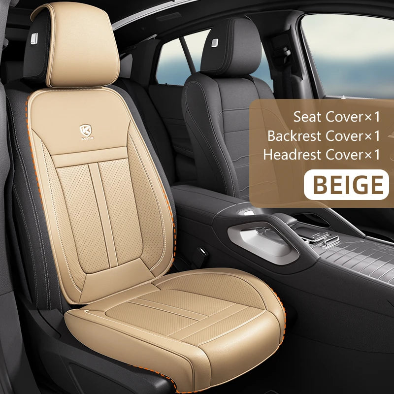 Beige car seat covers including a seat cover, backrest cover, and headrest cover for universal fit front seats.