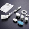 A multifunctional cleaning brush set including a handle, interchangeable brush heads, and a blue cleaning pad on a dark surfa