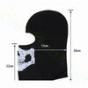 Black full face balaclava with a white skull print, shown with dimensions.
