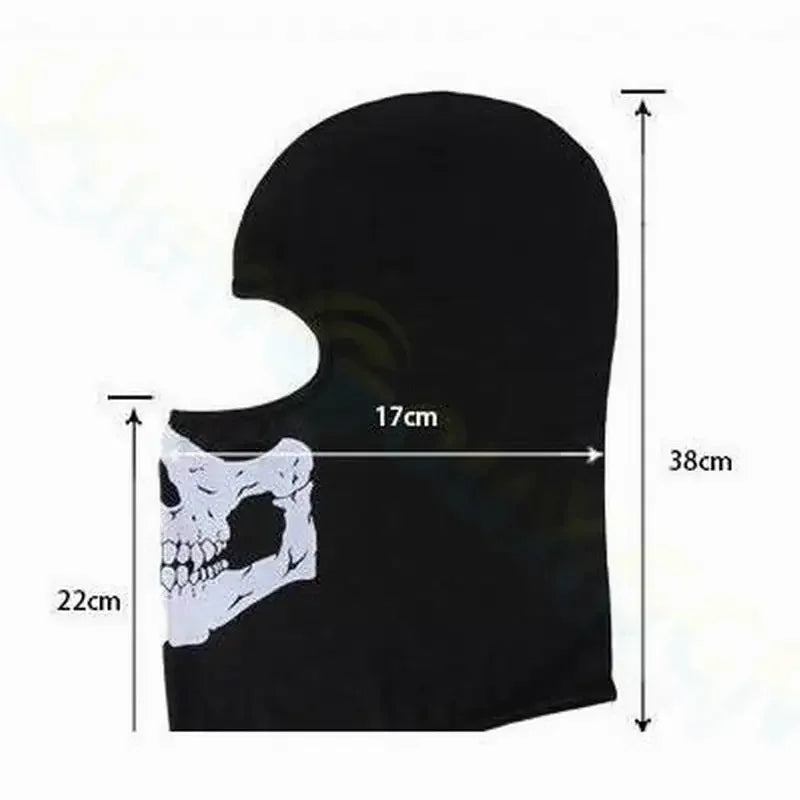 Black full face balaclava with a white skull print, shown with dimensions.