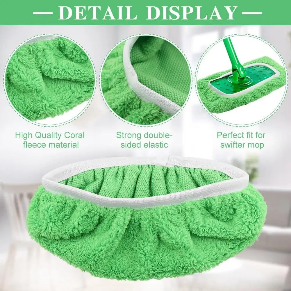 Detail display of a bright green coral fleece reusable mop pad with a white elastic band.