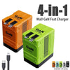 A set of four orange and green GaN wall chargers with retractable cables shown in a product display.
