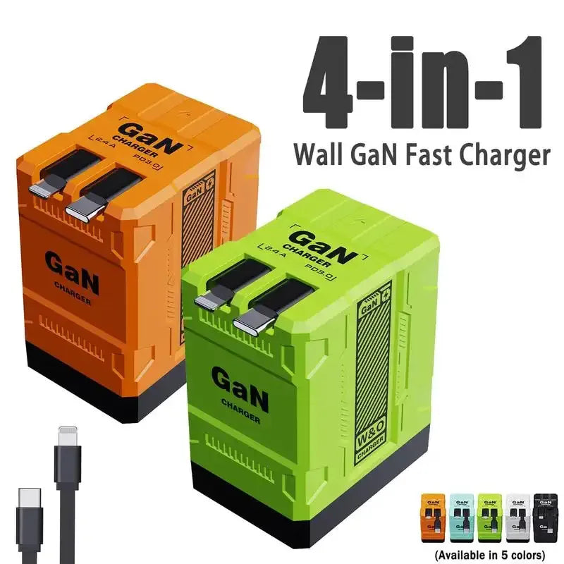 A set of four orange and green GaN wall chargers with retractable cables shown in a product display.