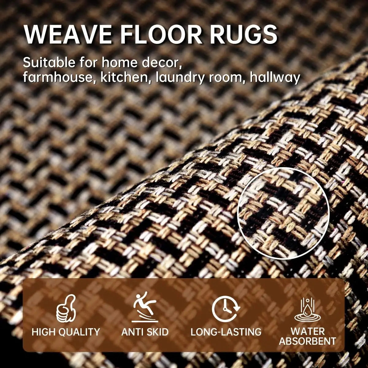 Close-up of a woven floor rug texture showing high quality, anti-skid, long-lasting, and water absorbent features.