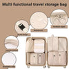 A set of multi functional travel storage bags and packing cubes in beige color showing various features like waterproof mater