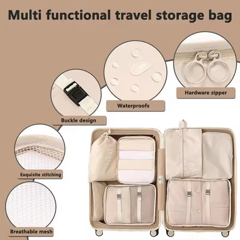 A set of multi functional travel storage bags and packing cubes in beige color showing various features like waterproof mater