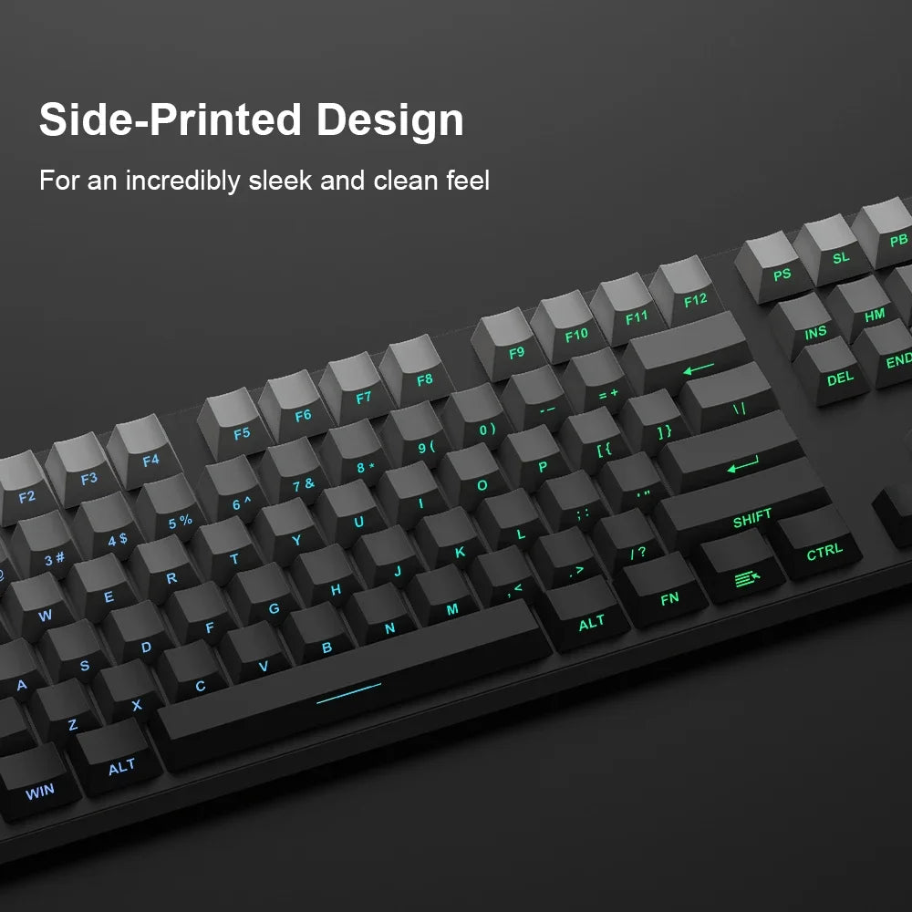 Nahaufnahme einer schwarzen mechanischen Tastatur mit seitlich gedruckten Tastenkappen und dunklem grauem Oberflächen.