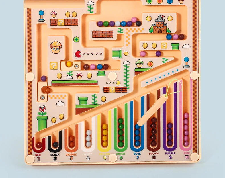 A magnetic maze logic puzzle board with colorful pegs and pathways for early learning.