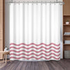 White shower curtain featuring a wavy pink and white stripe pattern hanging from a metal rod.