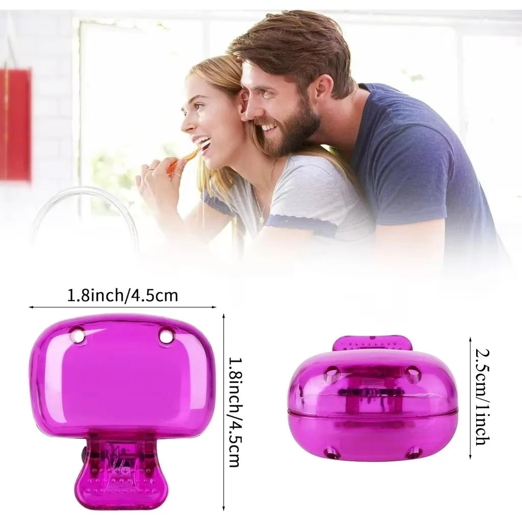 A pink portable electric toothbrush head cover with a ventilated case shown next to a couple smiling.