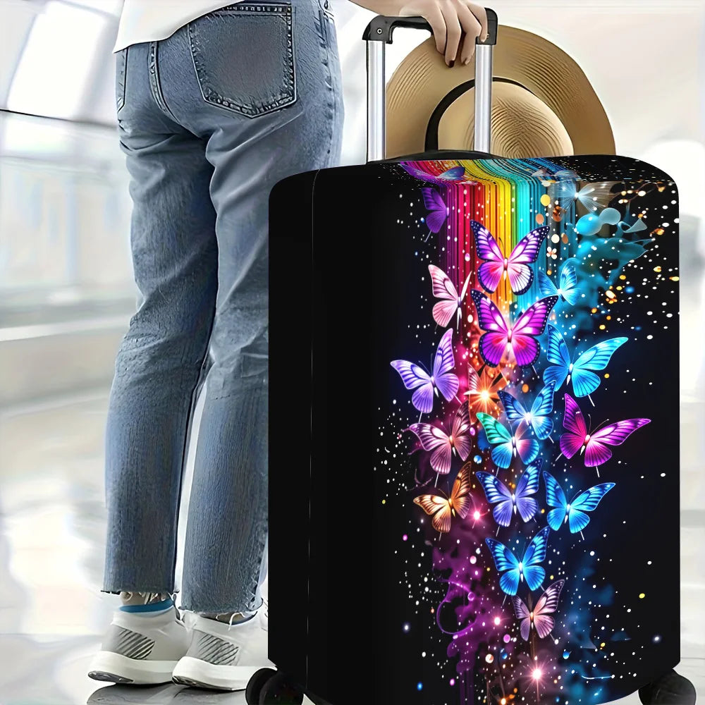 Black suitcase with an iridescent butterfly print featuring colorful wings and sparkling dust.
