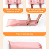 Instructions showing how to fold, roll, and store a pink foldable foot bath basin.
