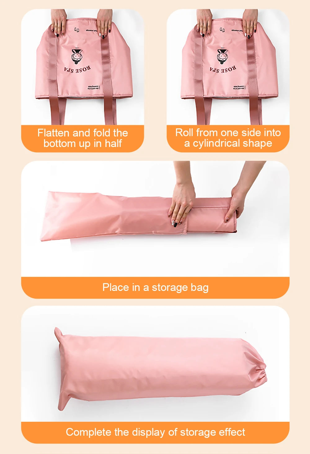 Instructions showing how to fold, roll, and store a pink foldable foot bath basin.