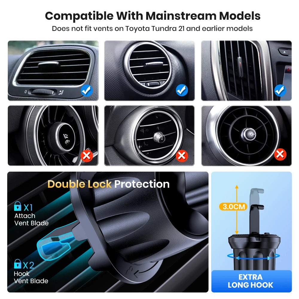 A black phone mount with a double lock protection feature and long hook for car air vents