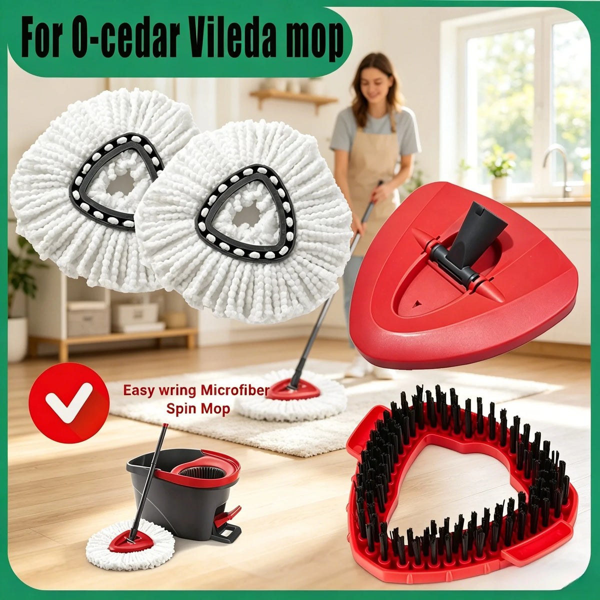 Replacement microfiber mop heads for an O-cedar Vileda spin mop system shown with various attachments.