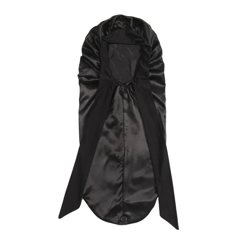 Black satin sleep bonnet for long hair, braids, and dreadlocks