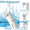 A white touchless automatic soap dispenser is shown being splashed with water, highlighting its IPX5 waterproof feature and U