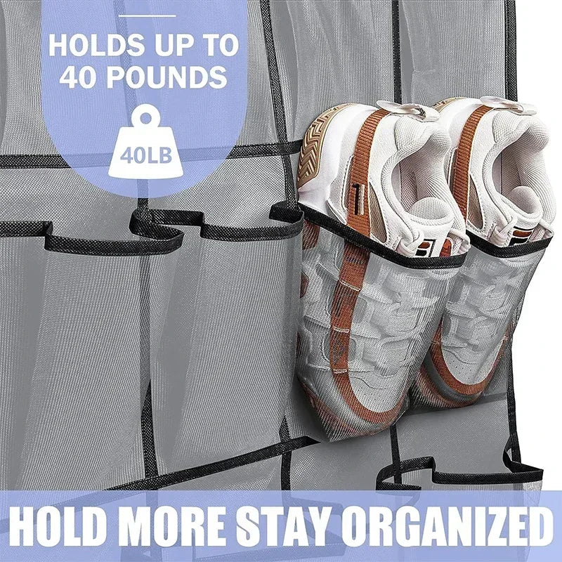 Gray over-the-door mesh shoe organizer holding a pair of white and brown athletic shoes.