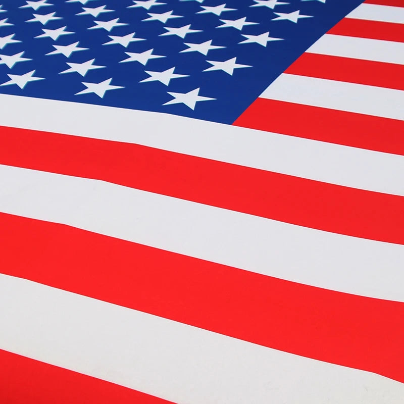 Close-up view of the American flag fabric with red and white stripes and blue field.