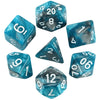 A collection of seven blue translucent polyhedral dice showing various numbers and angles.