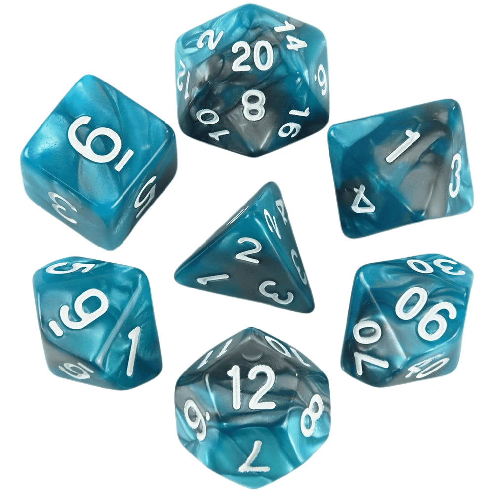 A collection of seven blue translucent polyhedral dice showing various numbers and angles.