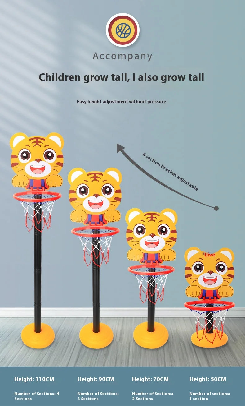 A set of four adjustable kids' basketball hoops featuring cartoon tiger designs, demonstrating various height options.