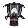 A full face respirator mask with a blue frame and white filter section is shown from the front.