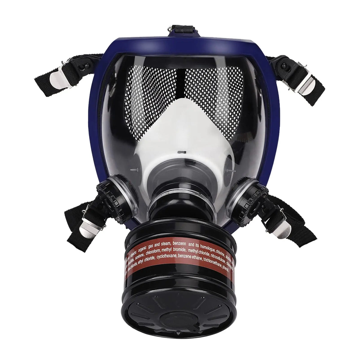 A full face respirator mask with a blue frame and white filter section is shown from the front.