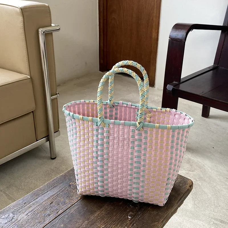 Hand-Woven PVC Tote Bag with Striped Patchwork Design