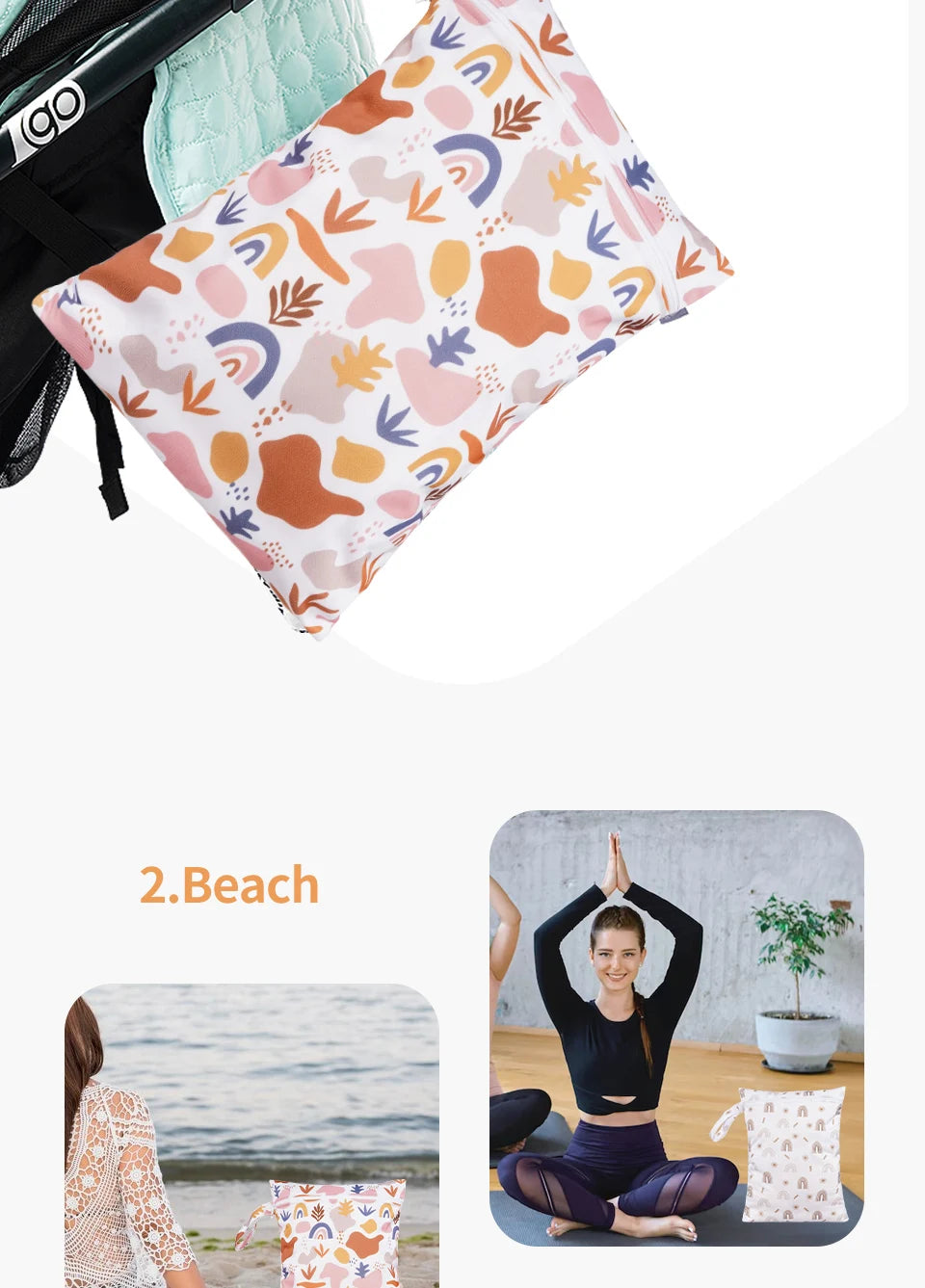 A reusable waterproof wet bag set featuring a colorful floral pattern and a hanging hook.