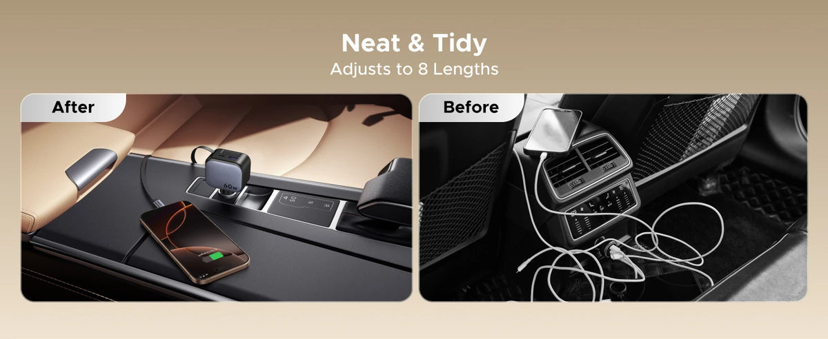 145W USB-C & USB-A Car Charger with Retractable Cable