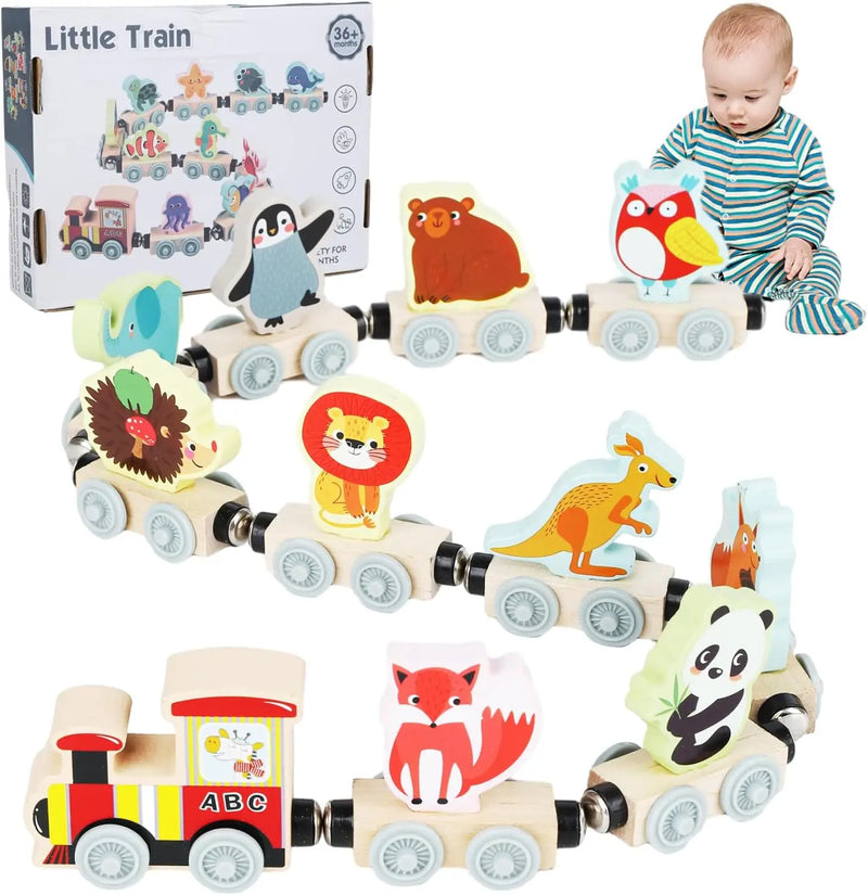 Montessori Magnetic Wooden Train Set with Animal & Vehicle Carriages