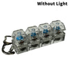 A row of clear acrylic LED mechanical keychain fidget toys with blue keycaps, shown without light.