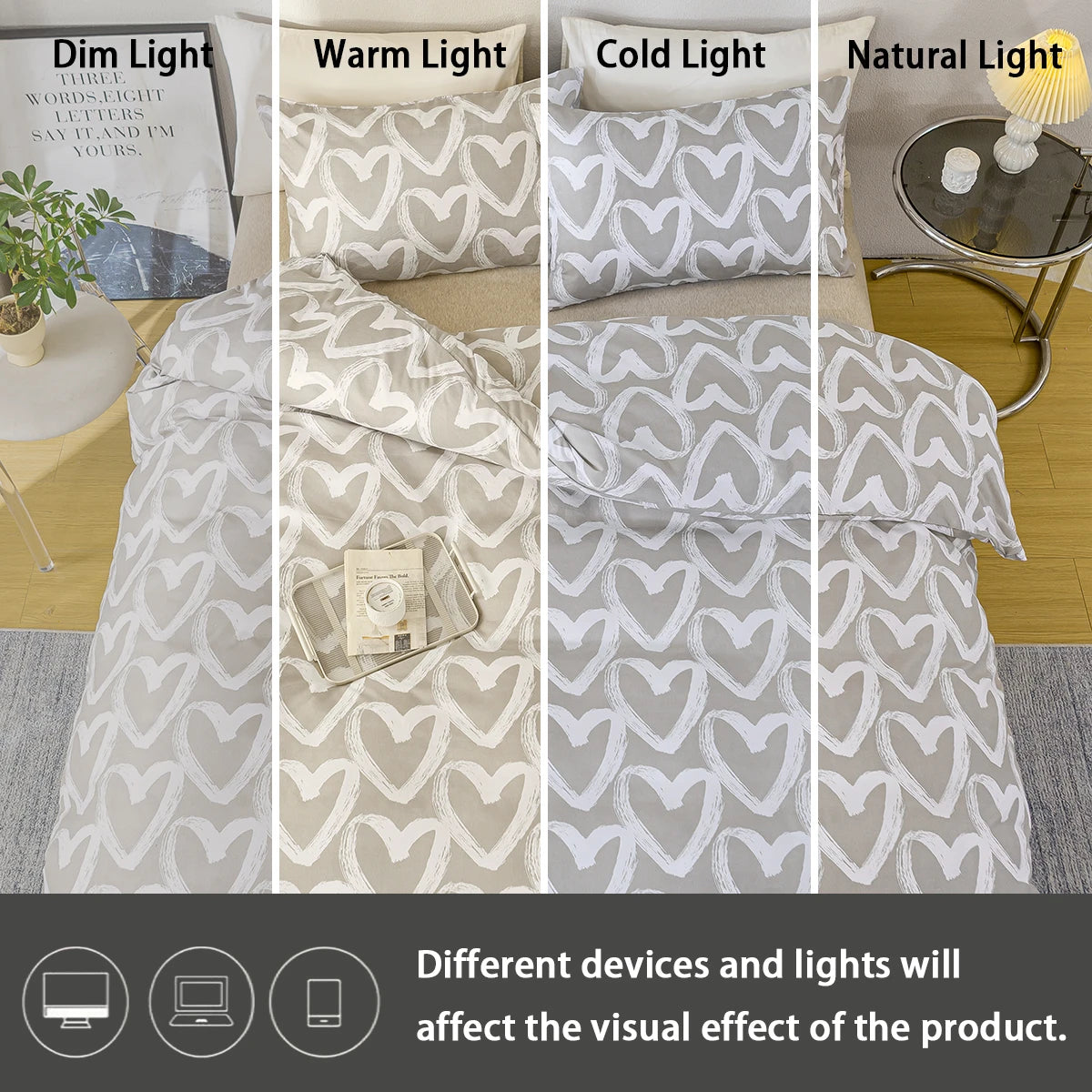 A set of heart print duvet covers and pillowcases in blue and gray fabric displayed with different light settings.