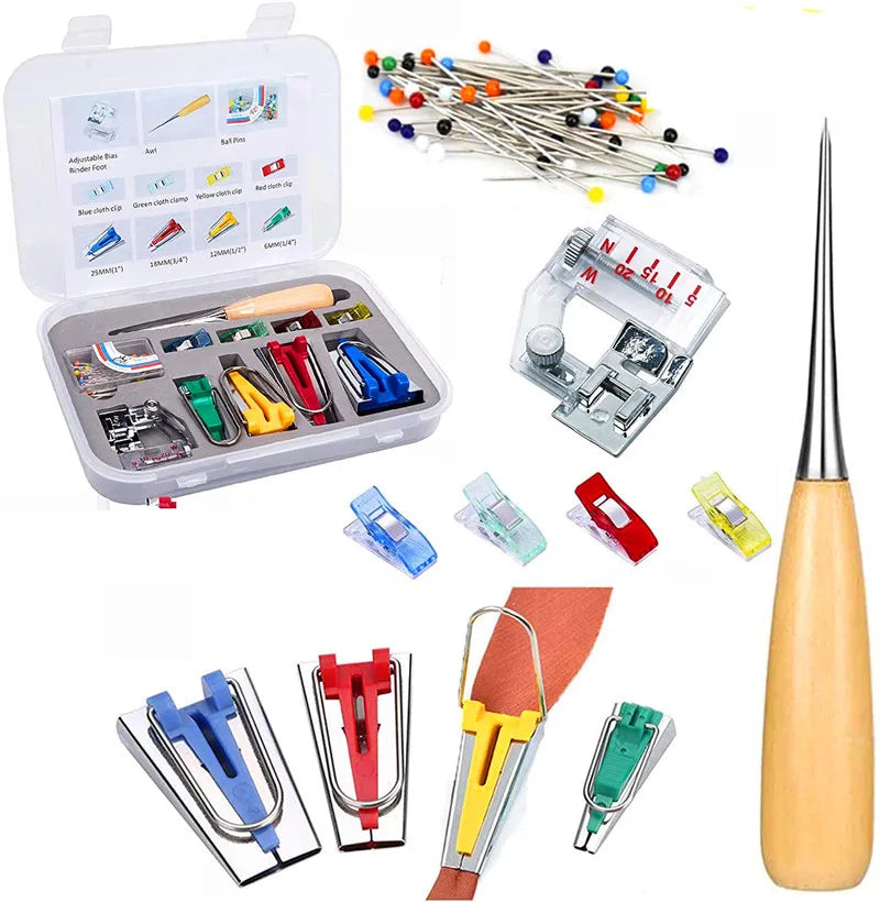 A complete DIY bias tape maker set featuring a binder foot and various tools for making bias tape.