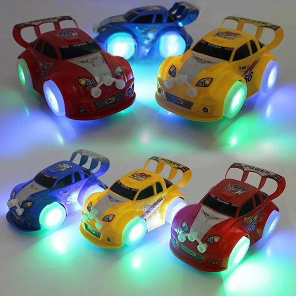 Four bright LED music toy cars in red, yellow, and blue are illuminated on a white surface.