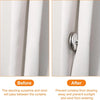 Before and after images showing magnetic curtain clips preventing curtains from blowing away and blocking sunlight and wind.