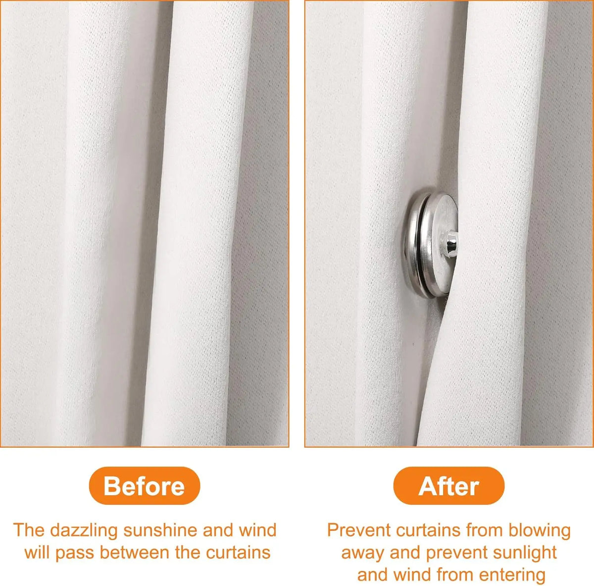 Before and after images showing magnetic curtain clips preventing curtains from blowing away and blocking sunlight and wind.
