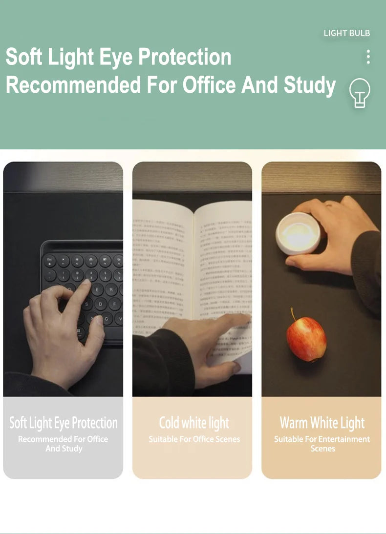 Three light bulbs demonstrating soft light eye protection, cold white light, and warm white light options.