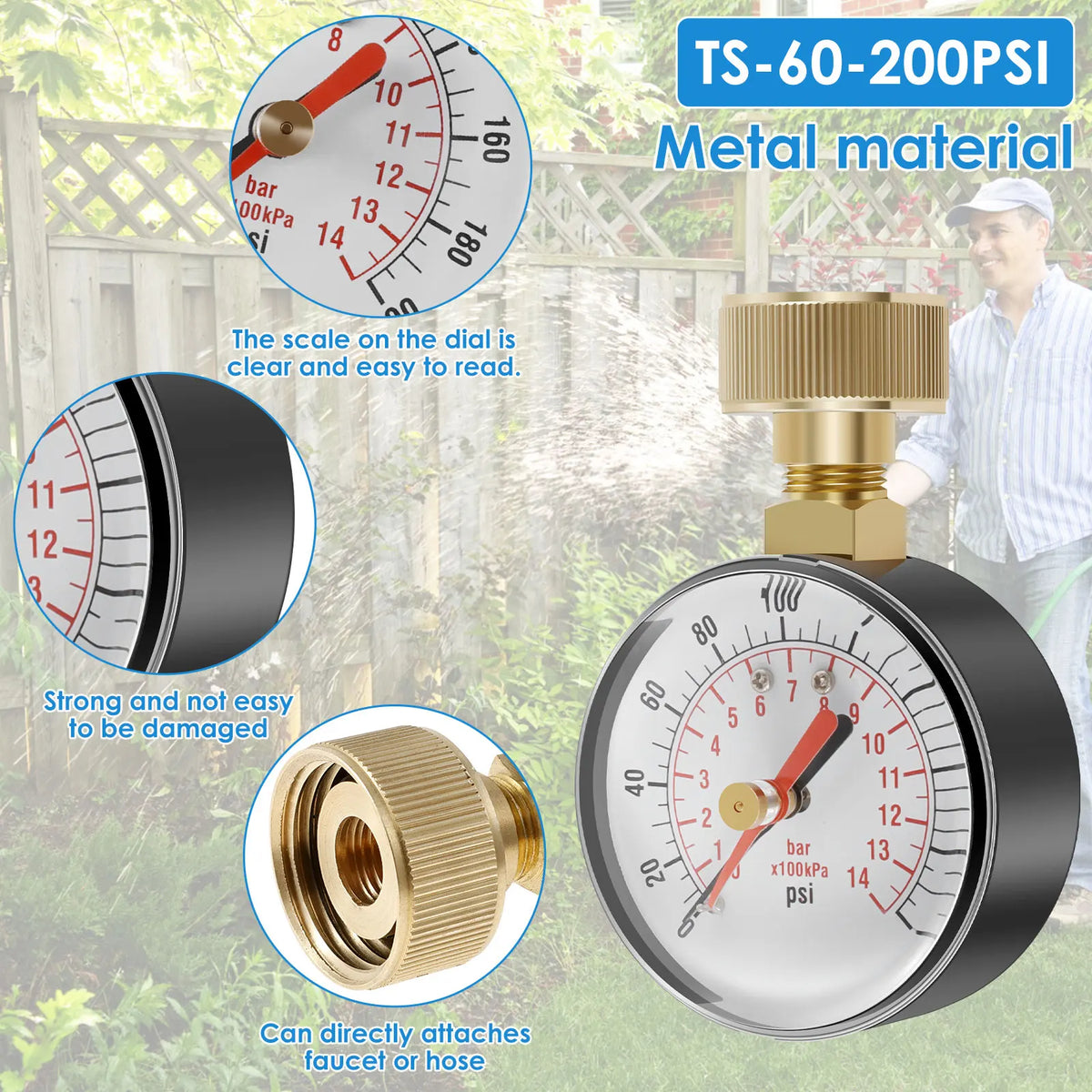 A brass water pressure test gauge with a dial and thread, used for testing water pressure up to 200 PSI.