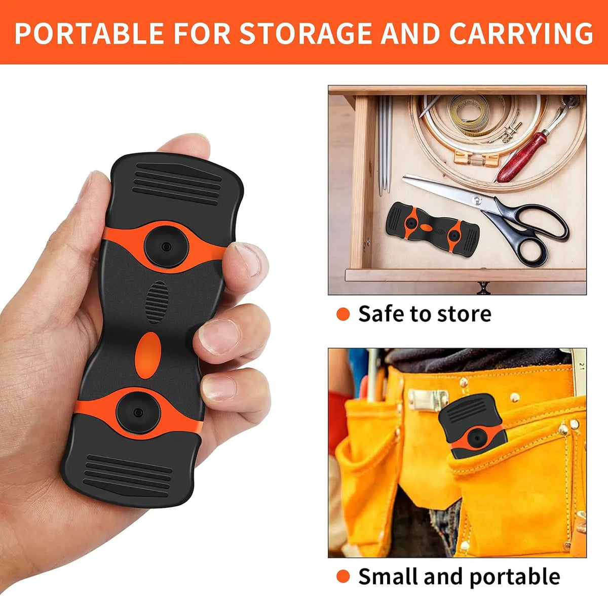 A black multi-purpose razor blade scraper held in a hand, demonstrating its portability and storage features.