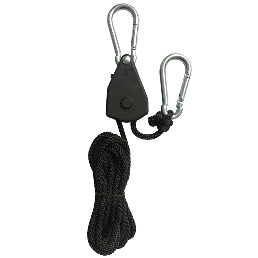 Black camping tent rope tensioners with a ratchet pulley hook and braided cord