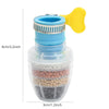 A clear plastic water filter bottle with a blue cap and a yellow spray head, containing layered filtration media.