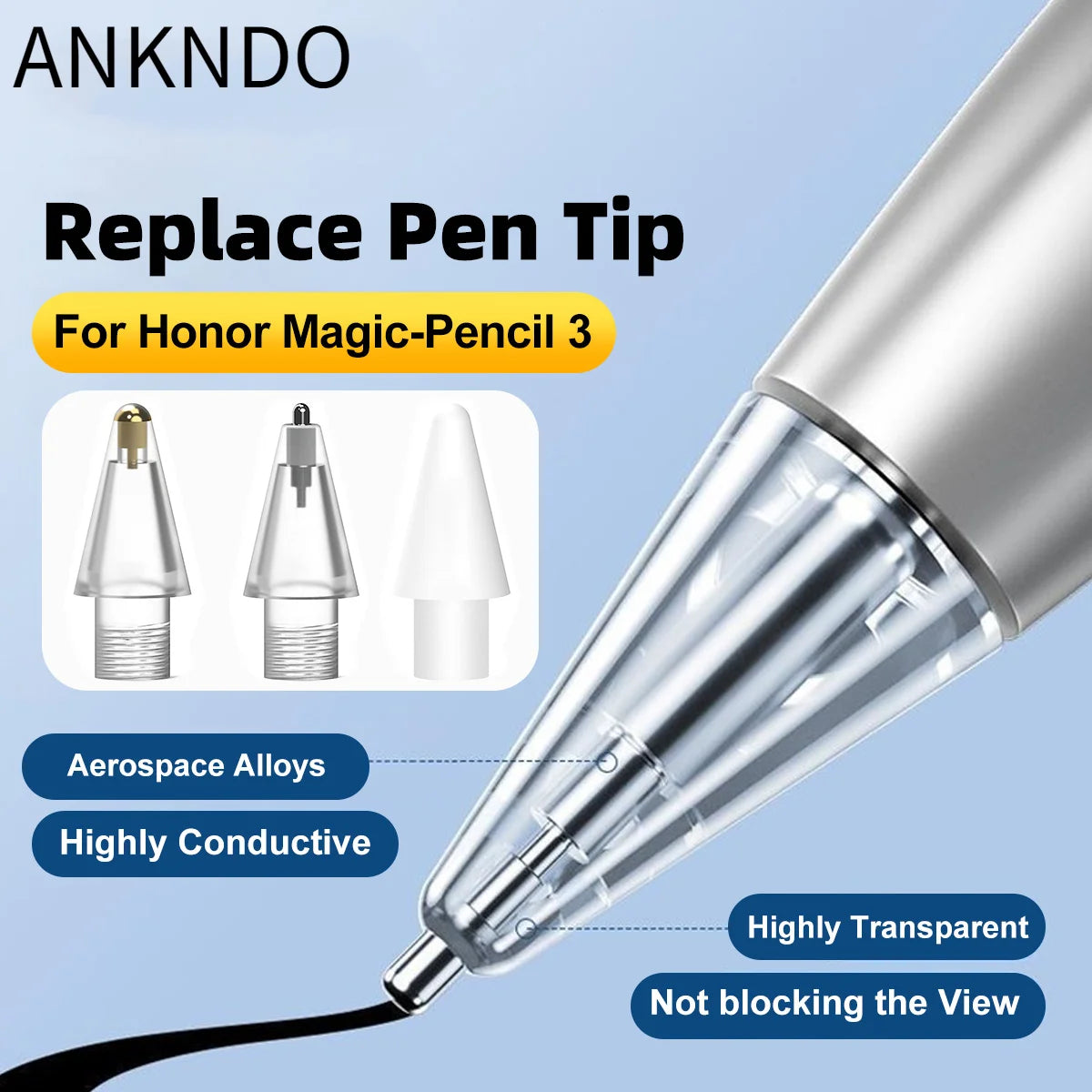Replacement pen tips for Honor Magic Pencil 3 showing various sizes and features like aerospace alloys and high conductivity