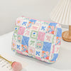 A pink and blue patchwork quilted makeup bag with floral and polka dot patterns rests on a white surface.