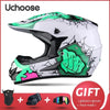 A white and green Uchoose full-face off-road helmet with black accents shown next to a gift set.