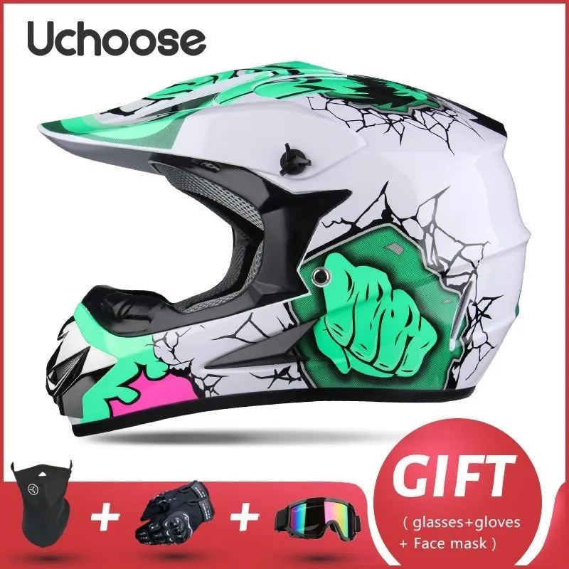 A white and green Uchoose full-face off-road helmet with black accents shown next to a gift set.
